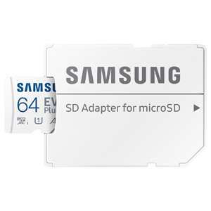 Карта памяти microSD Samsung EVO Plus 64 Гб (До 130 Мб/с, До 3.5 ч записи FHD, UHS-I, UHS Class3, Video Class 30, A2, microSDXC+SD адаптер)