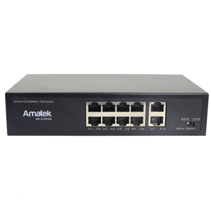 Коммутатор Amatek AN-S10P8A (L2, 10 портов: 8 PoE+/2 Uplink 100 Мбит/с, 120 Вт, защ. интерфейсов, грозозащита 6кВ, Watchdog)