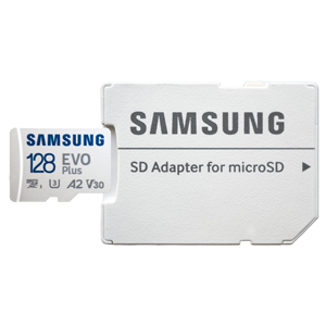 Карта памяти microSD Samsung EVO Plus 128 Гб (До 130 Мб/с, До 20 ч записи FHD, UHS-I, UHS Class3, Video Class 30, A2, microSDXC+SD адаптер)