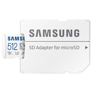 Карта памяти microSD Samsung EVO Plus 512 Гб (До 130 Мб/с, До 80 ч записи FHD, UHS-I, UHS Class3, Video Class 30, A2, microSDXC+SD адаптер)