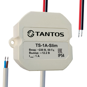 Блок питания Tantos TS-1A-Slim (12 В, 1 А, защита от перегрузки, кз, пробоя, IP54, для скрытой установки)^