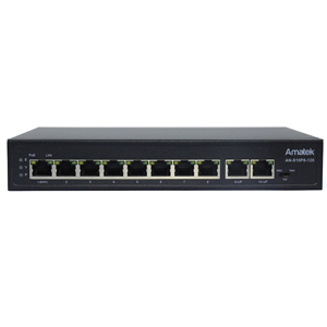 Коммутатор Amatek AN-S10P8-120 (L2, 10 портов: 7 PoE+/1 HiPoE/2 Uplink 100 Мбит/с, 120 Вт, защ. инт)