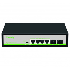 Коммутатор Tiandy TC-P3S06 (H/0402/AT/60) (L2, 6 Портов: 4 PoE 10/100/1000 Мб/с, 2 SFP 1 Гб/с, Бюджет 60 Вт, Watchdog, VLAN, Металл)