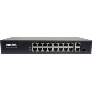 Коммутатор Amatek AN-S18P16-300 (1U, 18 портов: 16 PoE+ 100Мб/с, 1 Uplink, 1 Combo 1 Гб/с, Бюджет PoE 300 Вт, VLAN, Грозозащита 6 кВ, Акт. охлаждение)